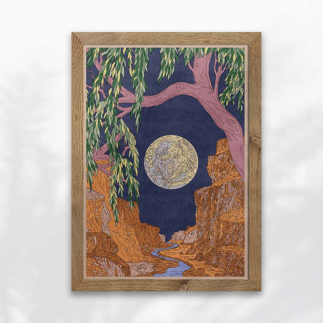 Framed moonlit canyon art with willow tree, perfect for van life or boho camper decor
