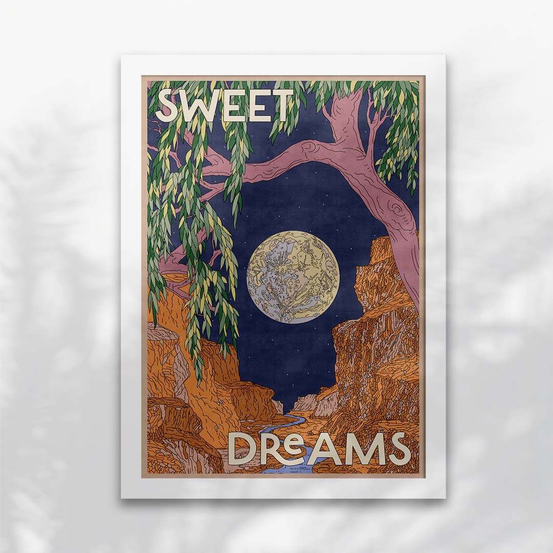 Sweet Dreams moonlit canyon art print for van life decor, featuring willow tree and night sky