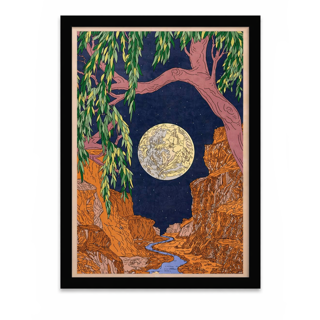 Framed moonlit canyon art with willow tree, perfect for van life decor and outdoor adventure vibes