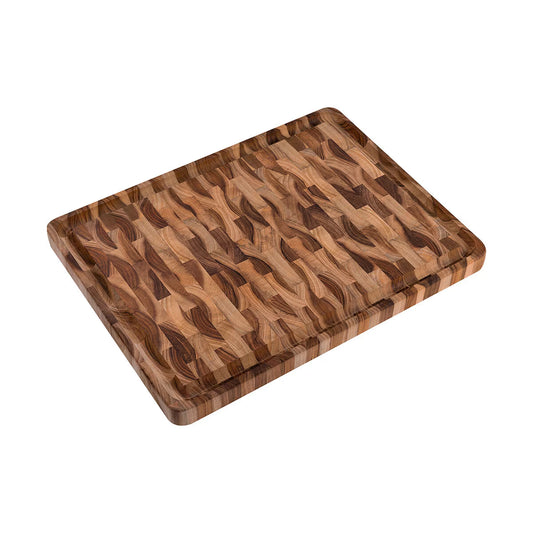 Solid wood cutting board with end grain pattern, ideal for van life kitchen essentials and outdoor cooking
