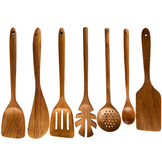 Set of 7 wooden kitchen utensils for van life cooking, camp kitchen essentials