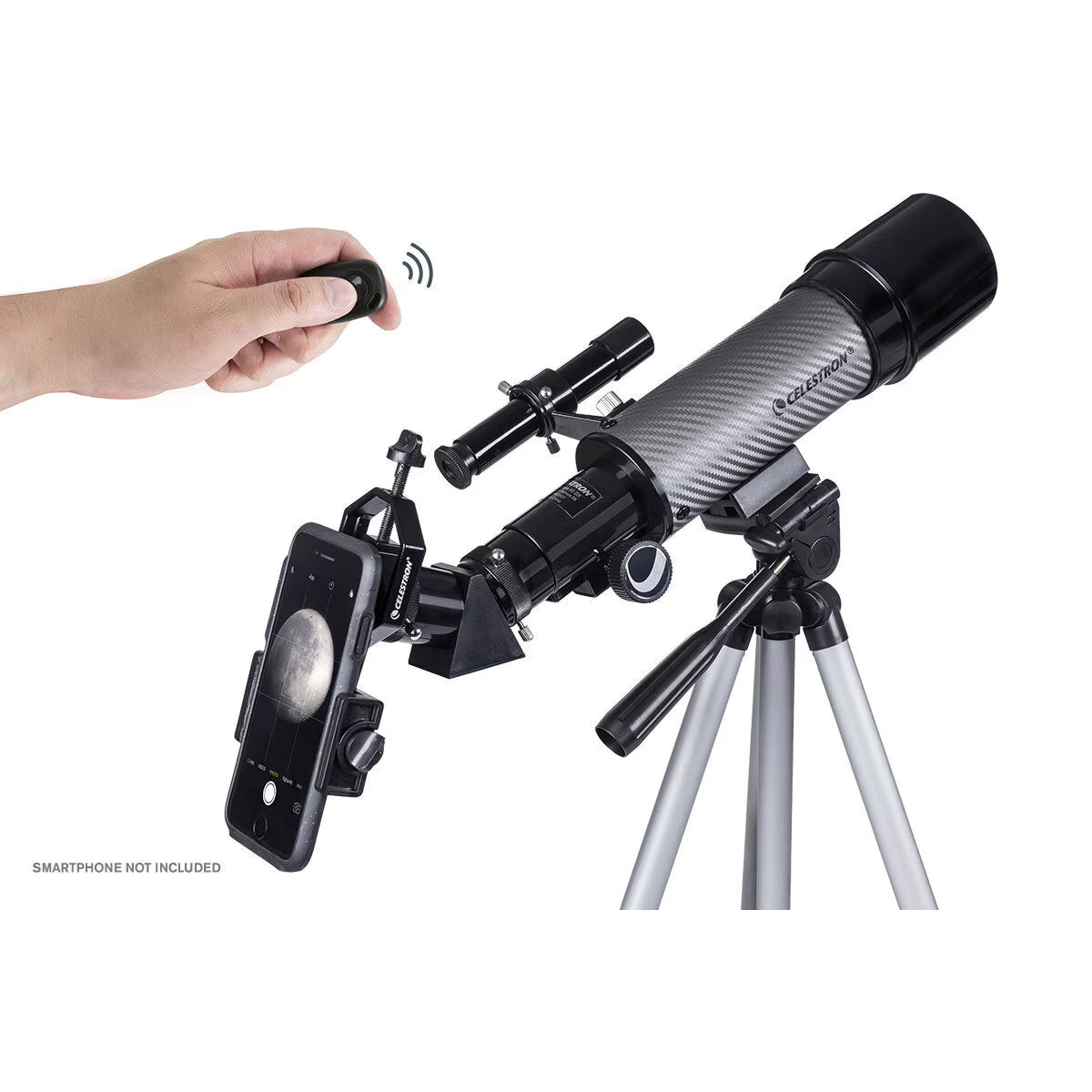 Celestron telescope with smartphone adapter and remote, perfect for stargazing adventures