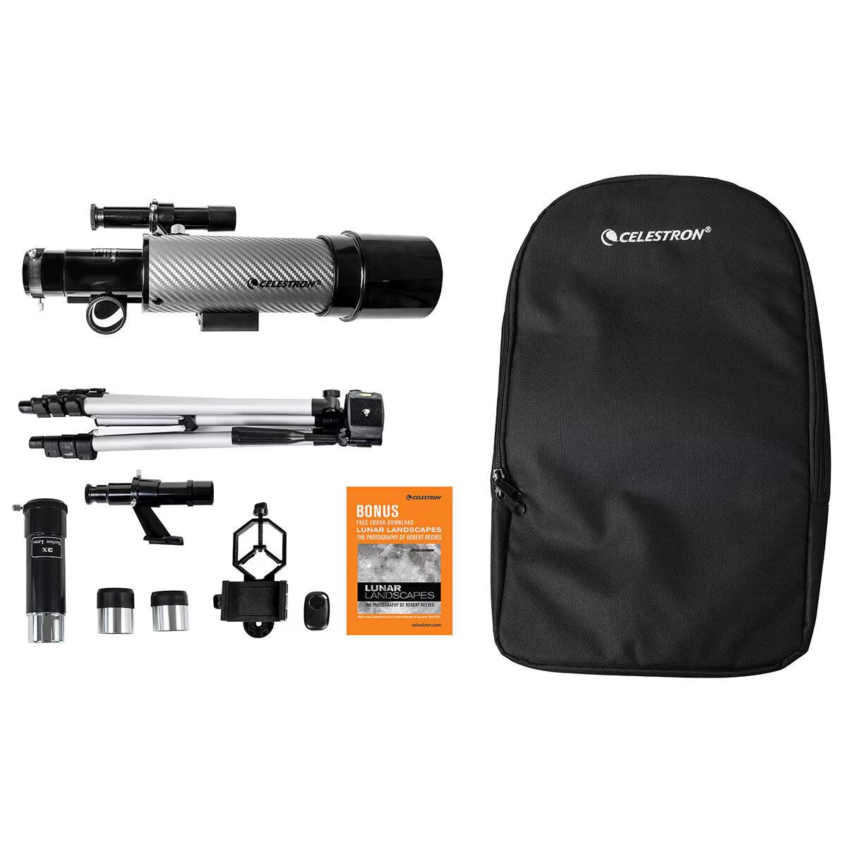 Celestron telescope kit with tripod, eyepieces, carrying case, and lunar guide for stargazing adventures