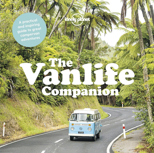 The Vanlife Companion book cover with blue campervan on forest road, Lonely Planet guide for van adventures