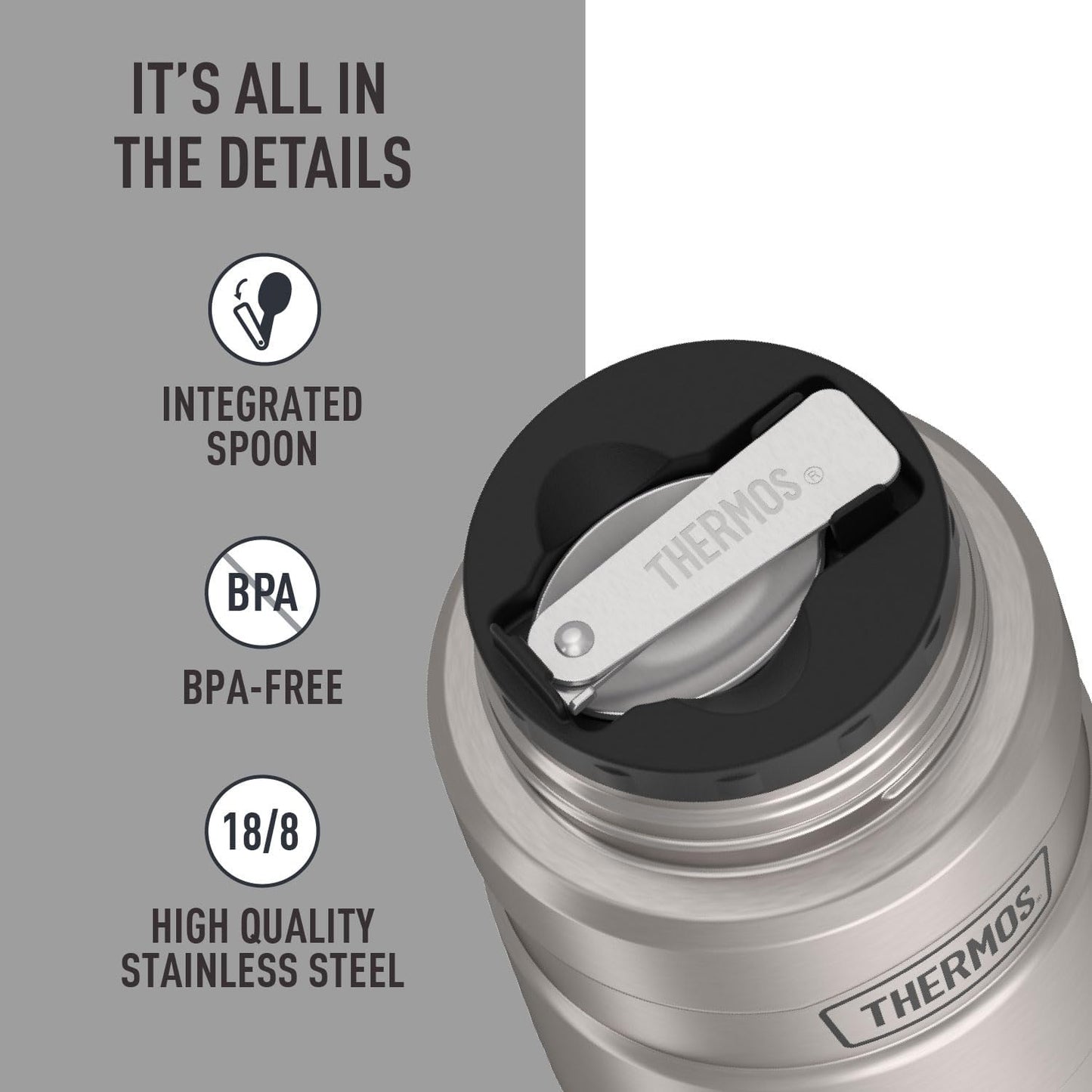 Thermos food jar with integrated spoon, BPA-free, 18/8 stainless steel — perfect for van life adventures.