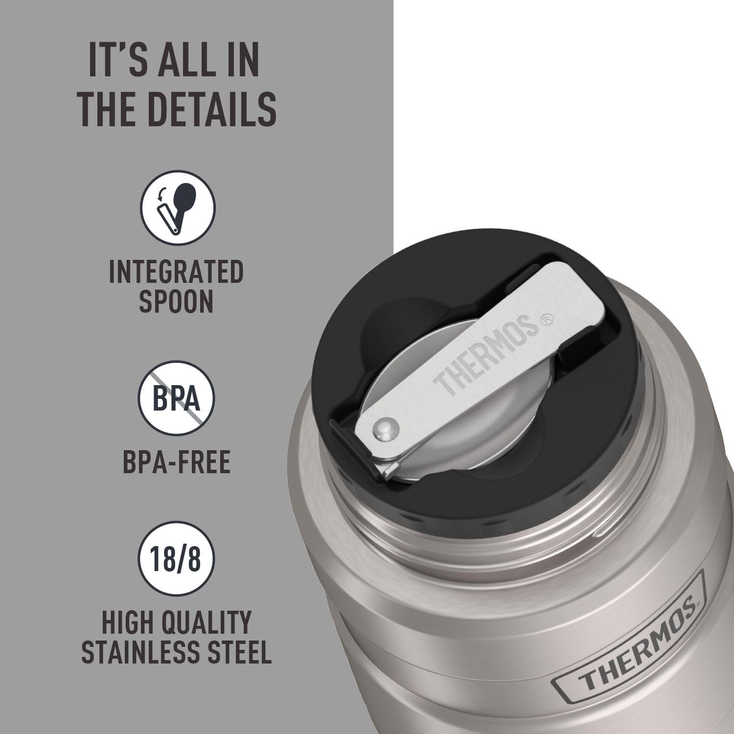 Thermos food jar with integrated spoon, BPA-free, 18/8 stainless steel — perfect for van life adventures.