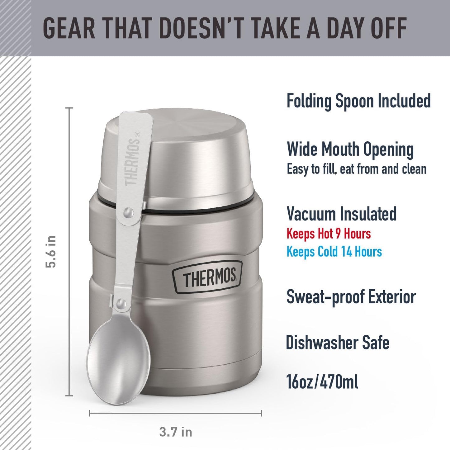 Thermos vacuum insulated food jar with folding spoon, perfect for van life adventures and outdoor meals