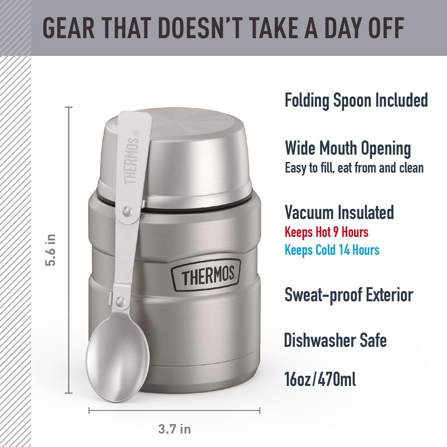 Thermos vacuum insulated food jar with folding spoon, perfect for van life adventures and outdoor meals