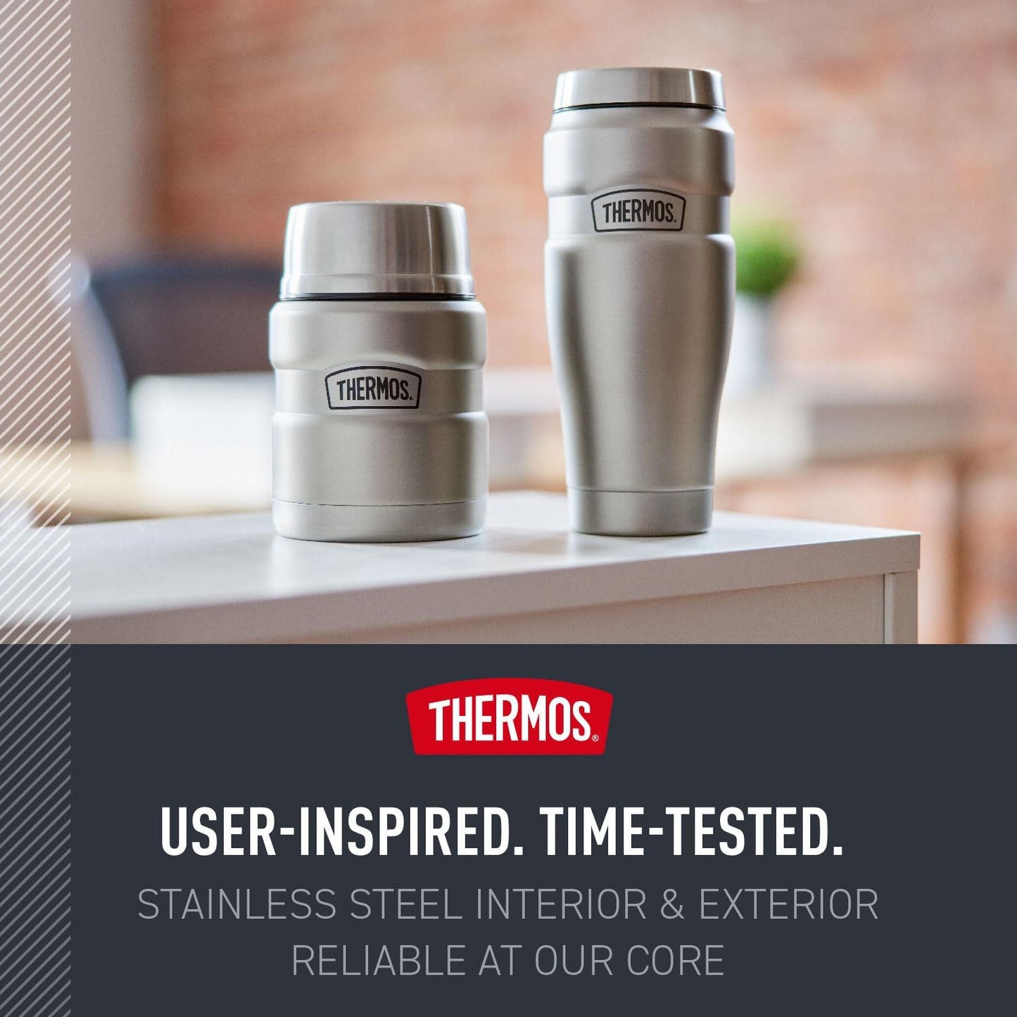 Thermos stainless steel travel mug and food jar for van life adventures