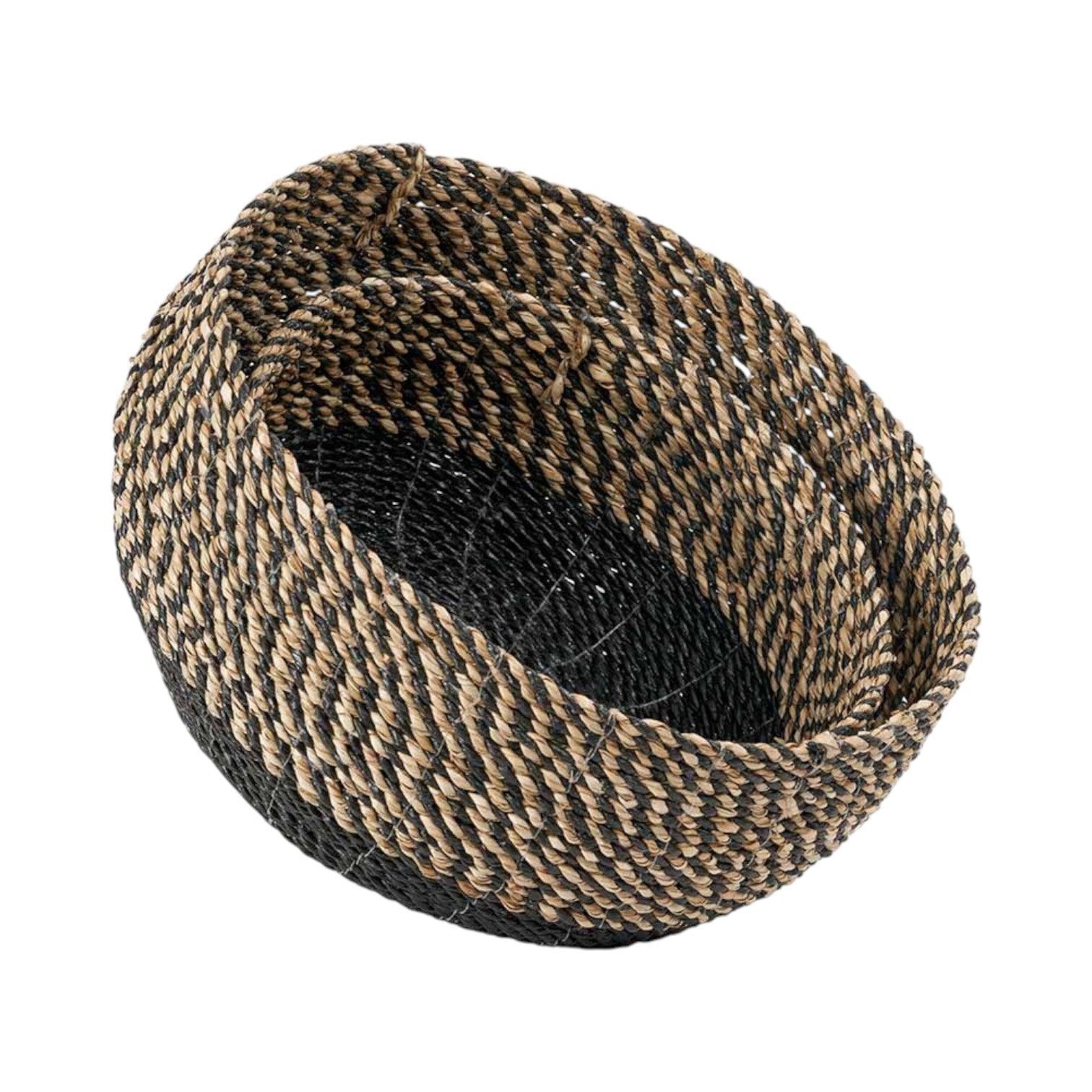 Handwoven black and natural fiber storage basket for van life organization and camping gear
