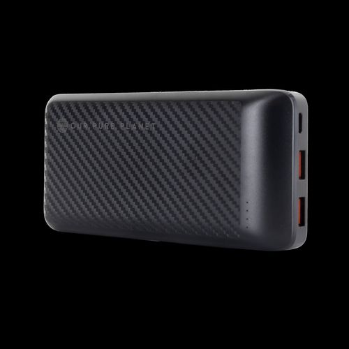 Our Pure Planet portable power bank with carbon fiber texture, ideal for van life and outdoor adventures