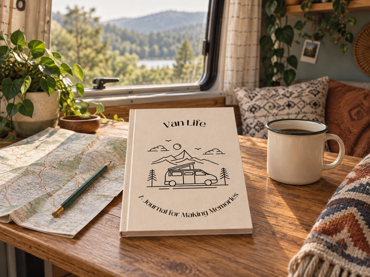Van Life journal and road map on a cosy campervan table