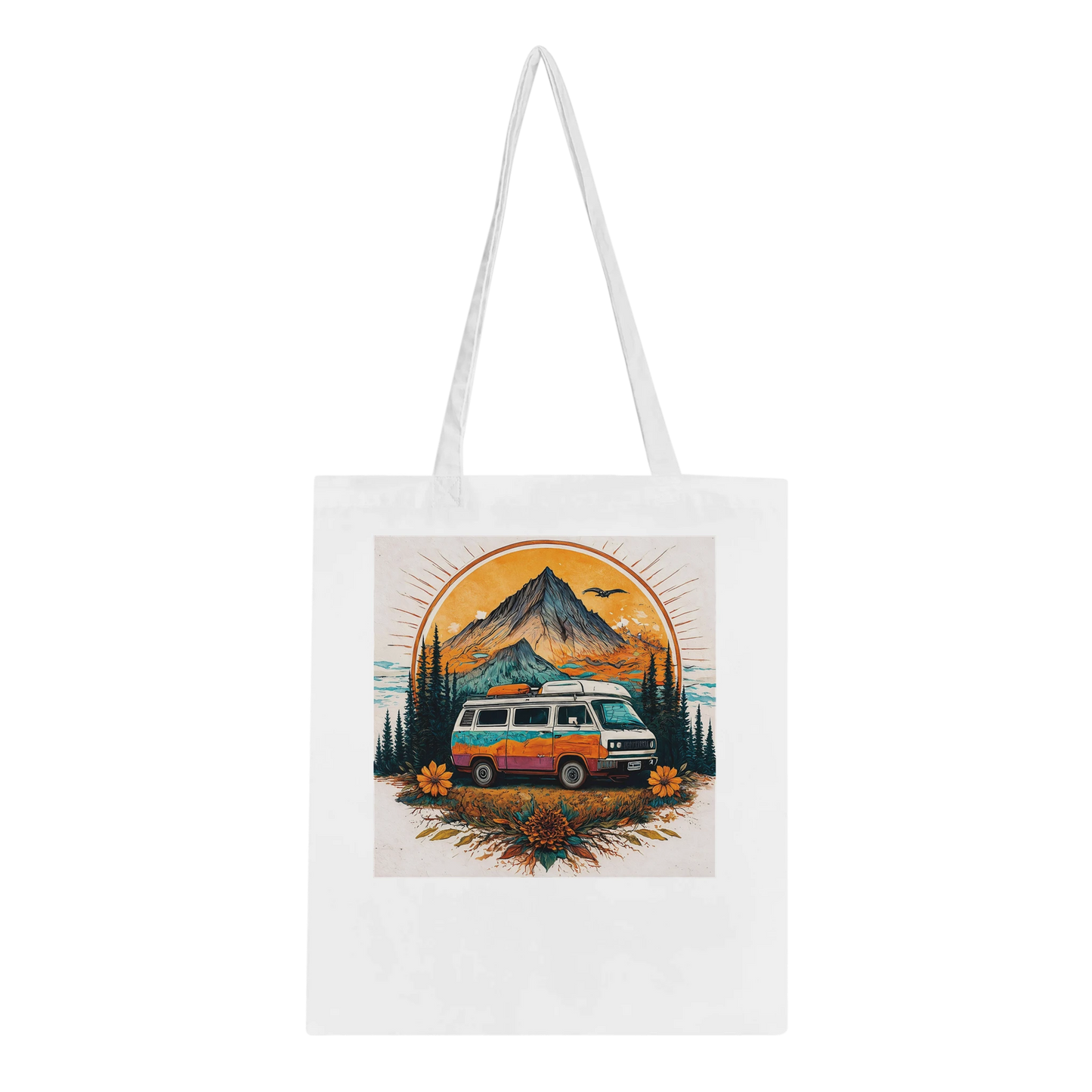 Van life tote bag with camper van, mountains, sunset, and wildflowers design for outdoor adventures