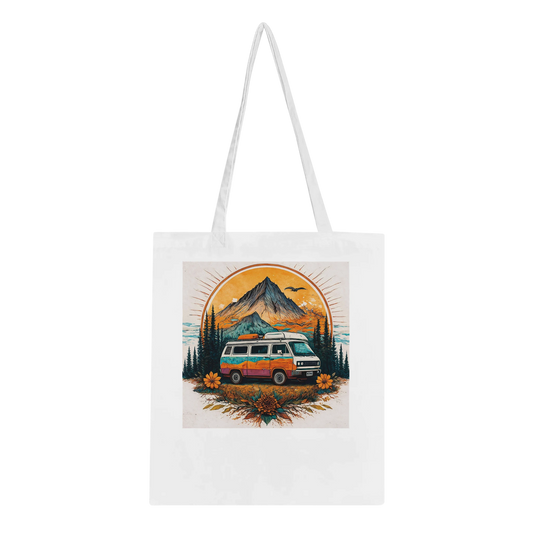 Van life tote bag with camper van, mountains, sunset, and wildflowers design for outdoor adventures