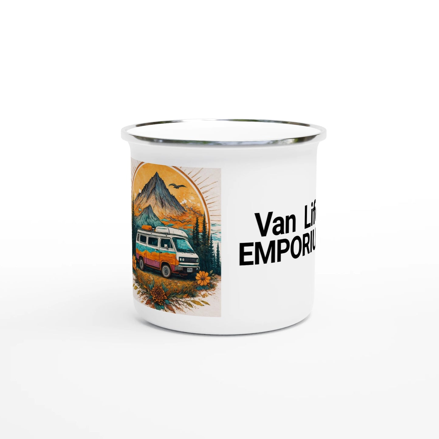 Van Life Emporium enamel mug with camper van, mountains, and wildflowers design for vanlifers and adventurers