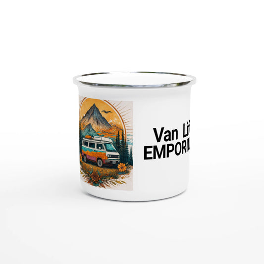 Van Life Emporium enamel mug with camper van, mountains, and wildflowers design for vanlifers and adventurers
