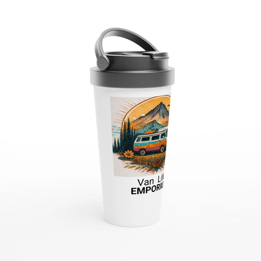 Van Life Emporium travel mug with camper van, mountains, and sunset design for vanlifers and adventurers