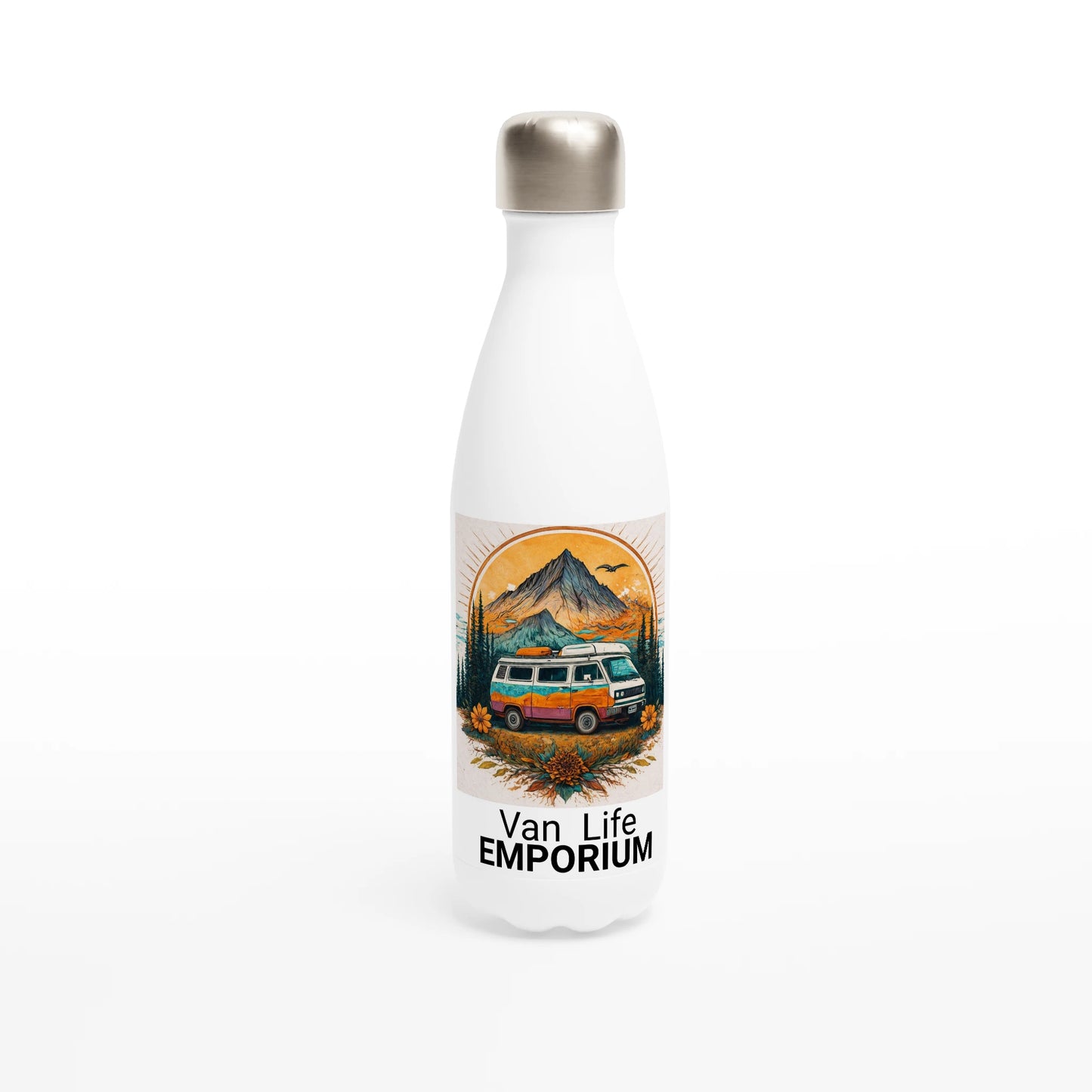 Van Life Emporium insulated water bottle with camper van and mountain art, perfect for vanlifers and outdoor adventures.
