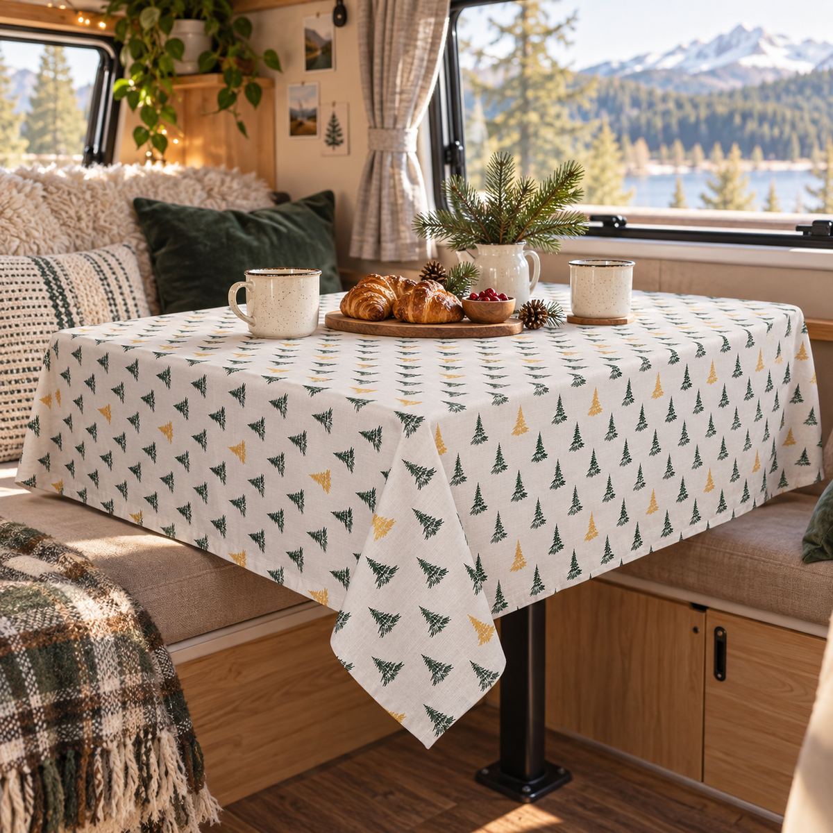 Winter Pine Tablecloth in a van-life setting