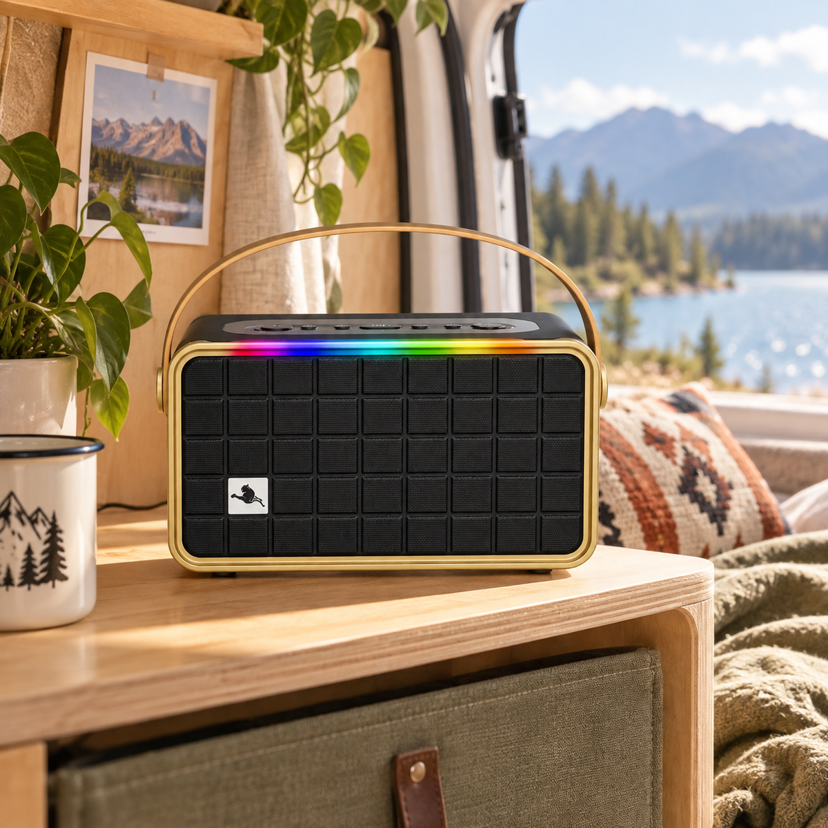 RGB Bluetooth Speaker in a van-life setting