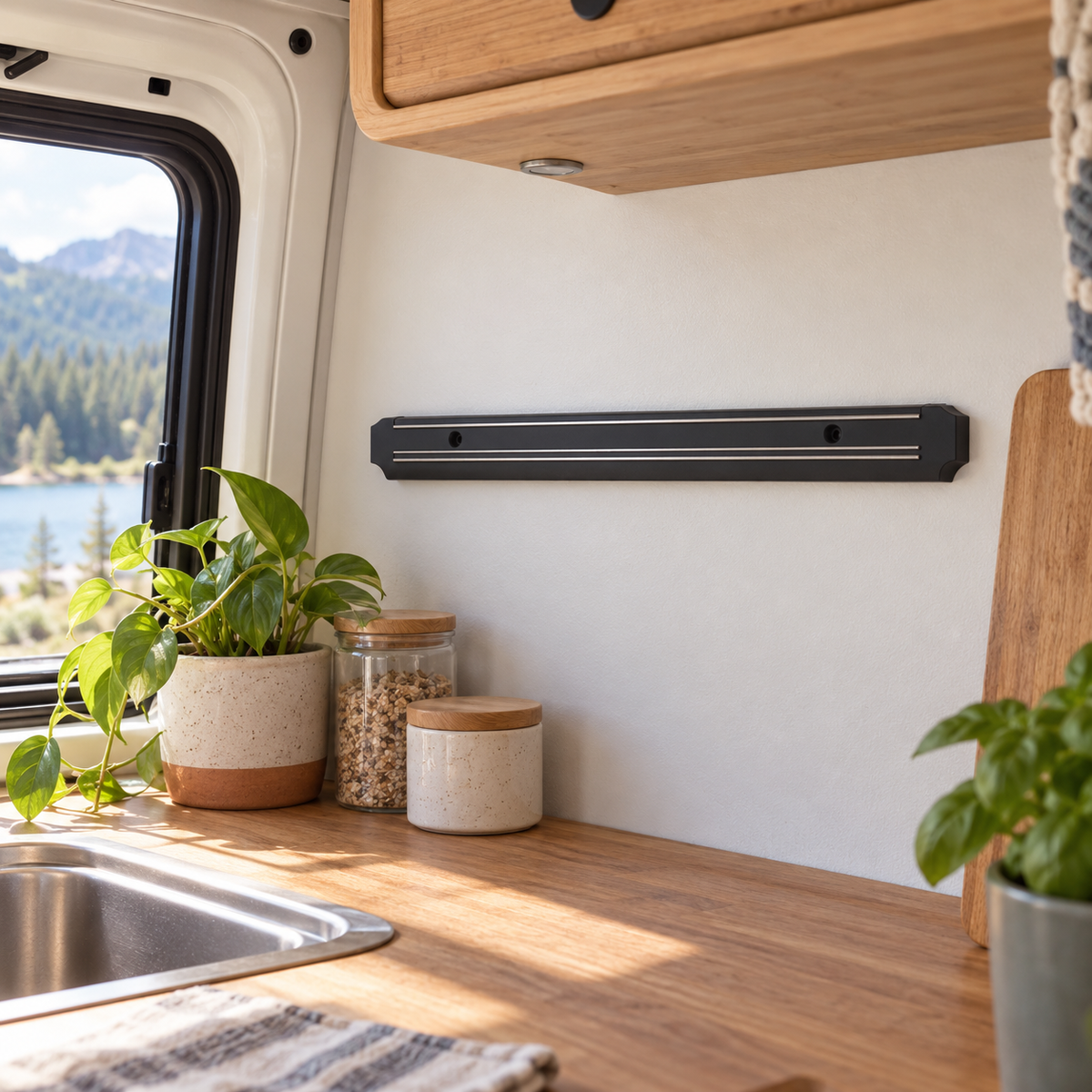 Magnetic Knife Strip in a van-life setting