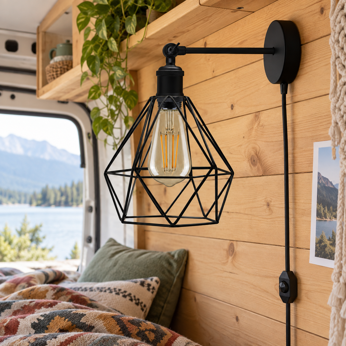 Dimmable Plug-In Cage Light in a van-life setting