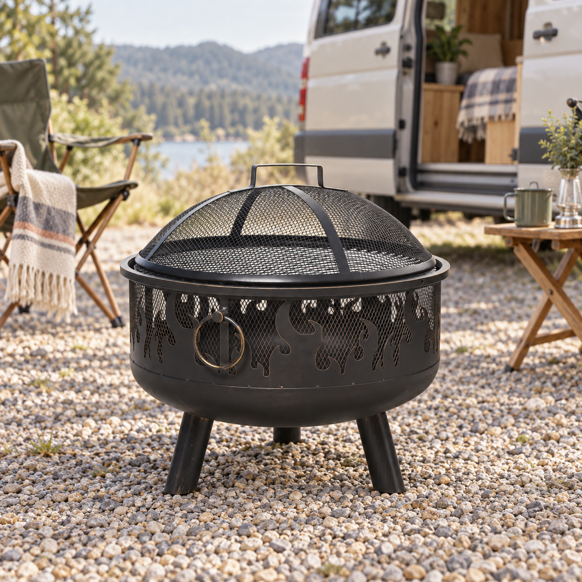 Fire Pit BBQ in a van-life setting