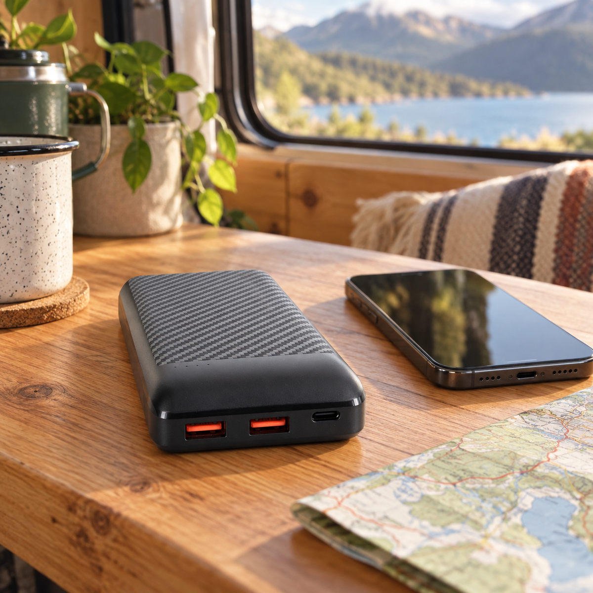 Pure Planet 20000mAh Power Bank in a van-life setting