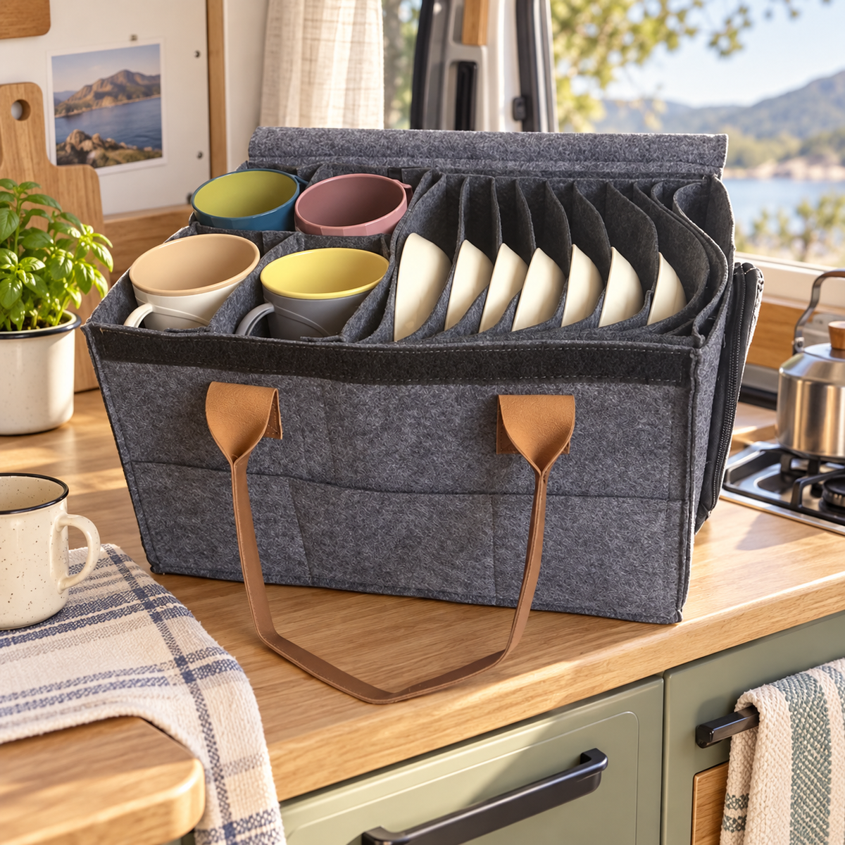 Padded Tableware Storage Bag in a van-life setting