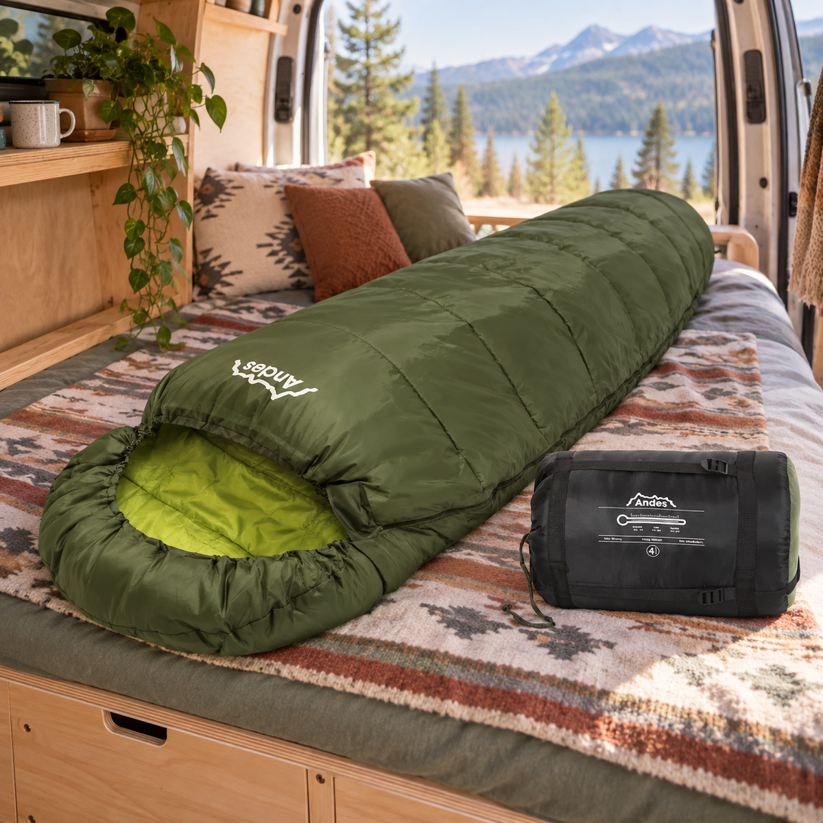 XL Mummy Sleeping Bag in a van-life setting