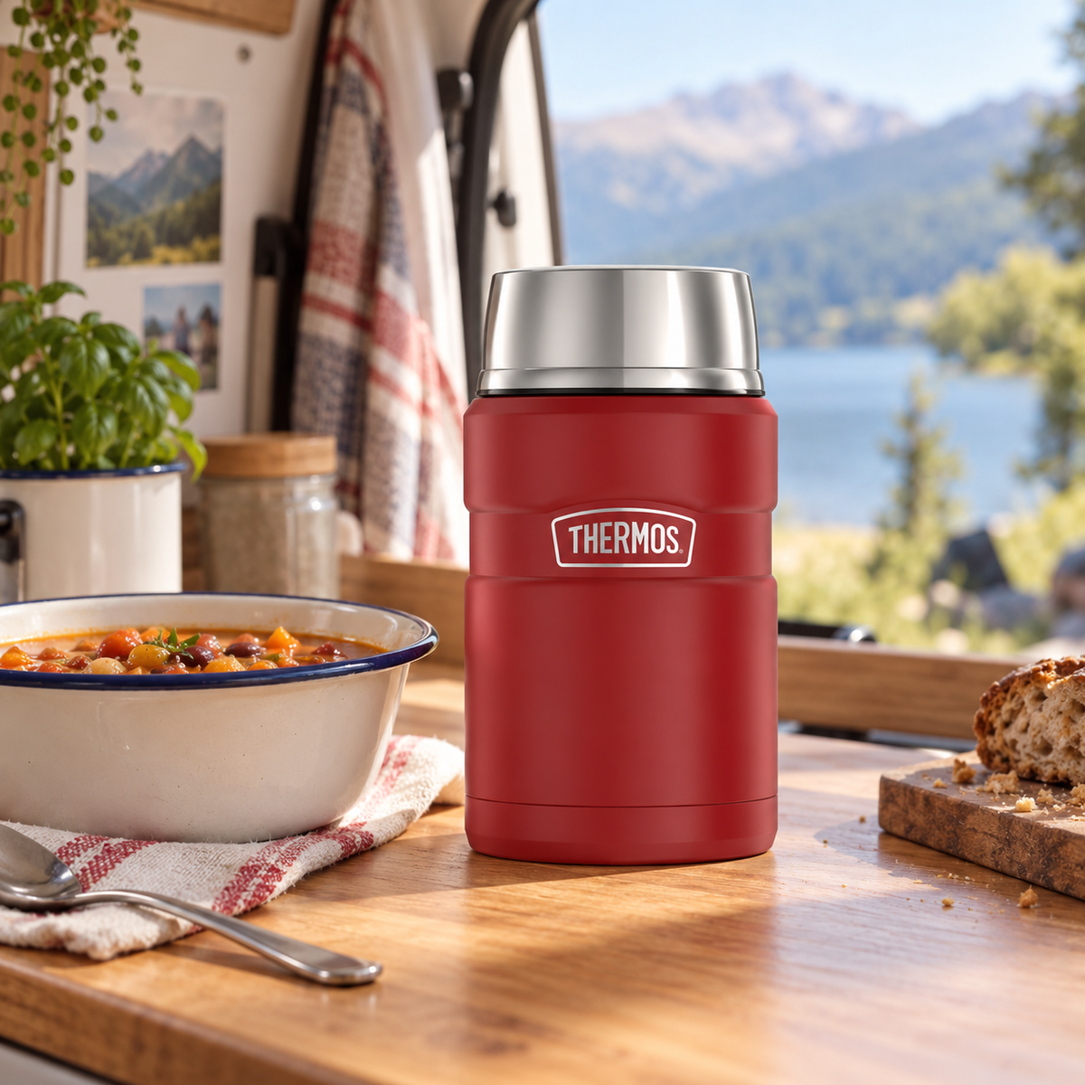 710ml Thermos Food Flask in a van-life setting