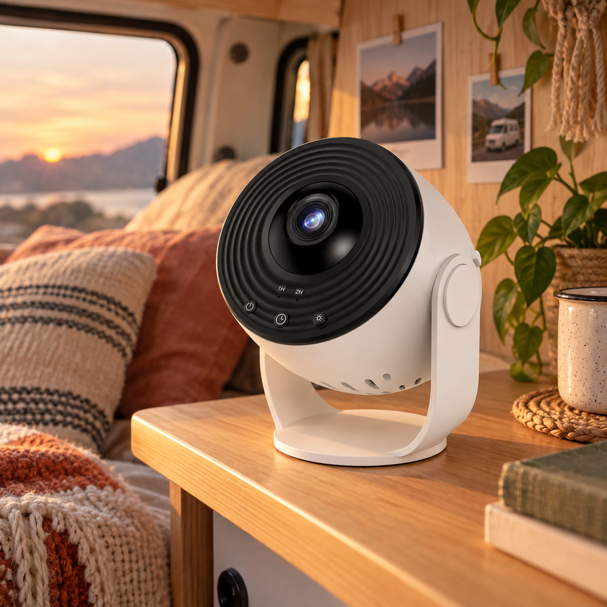 Galaxy Star Projector in a van-life setting