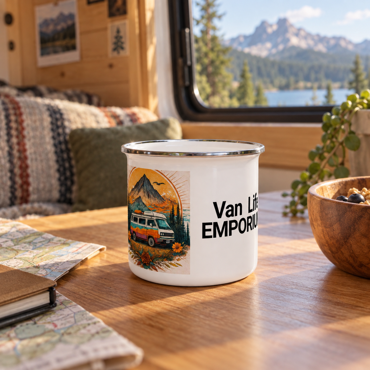 Van Life Mug in a van-life setting