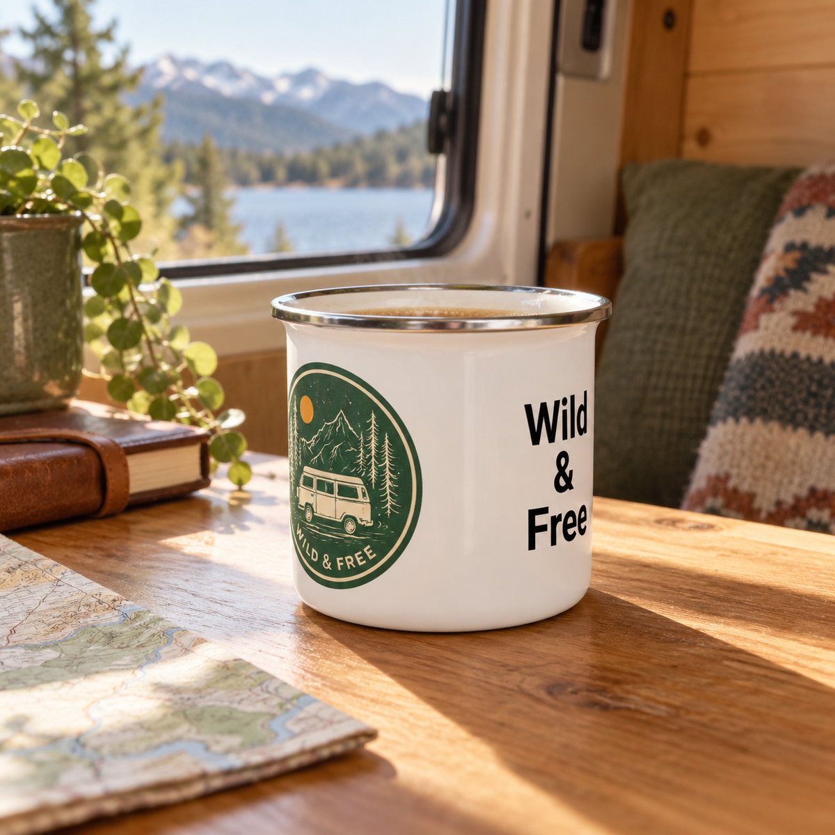 Wild & Free Mug in a van-life setting