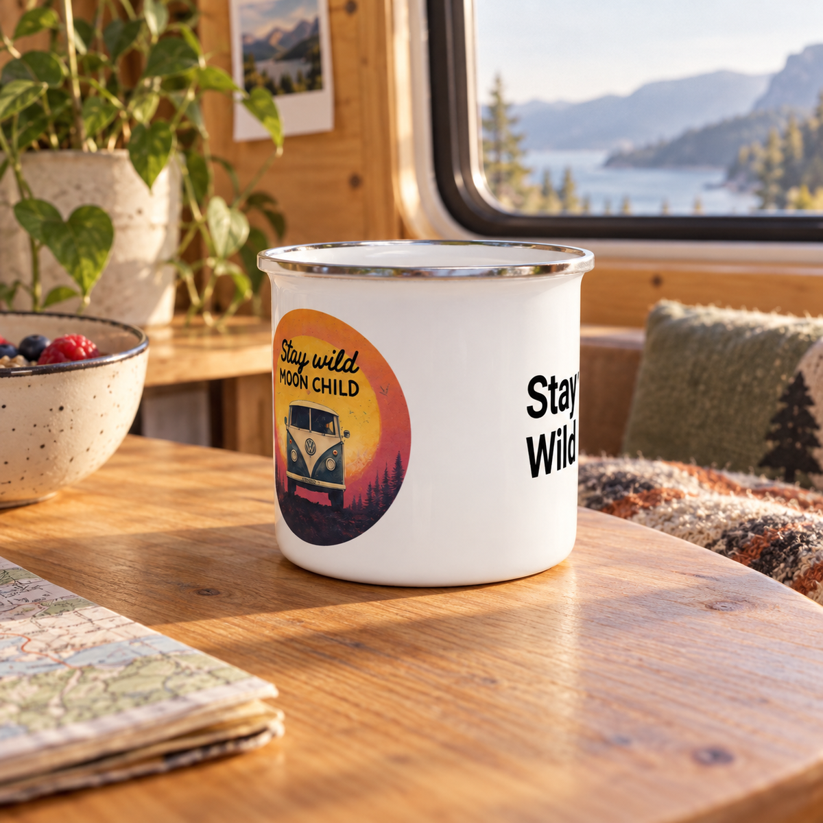 Stay Wild Mug in a van-life setting