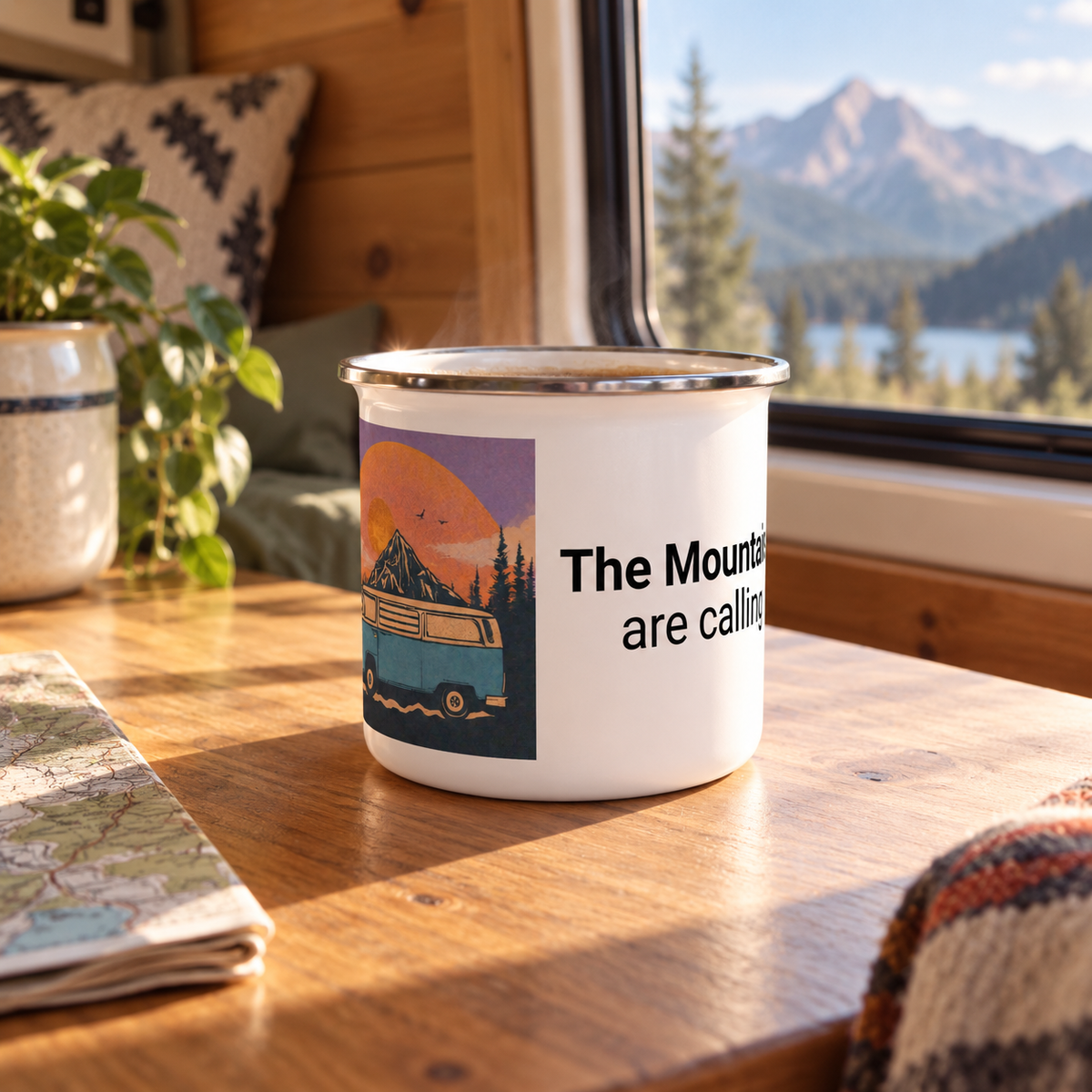 Mountains Mug in a van-life setting