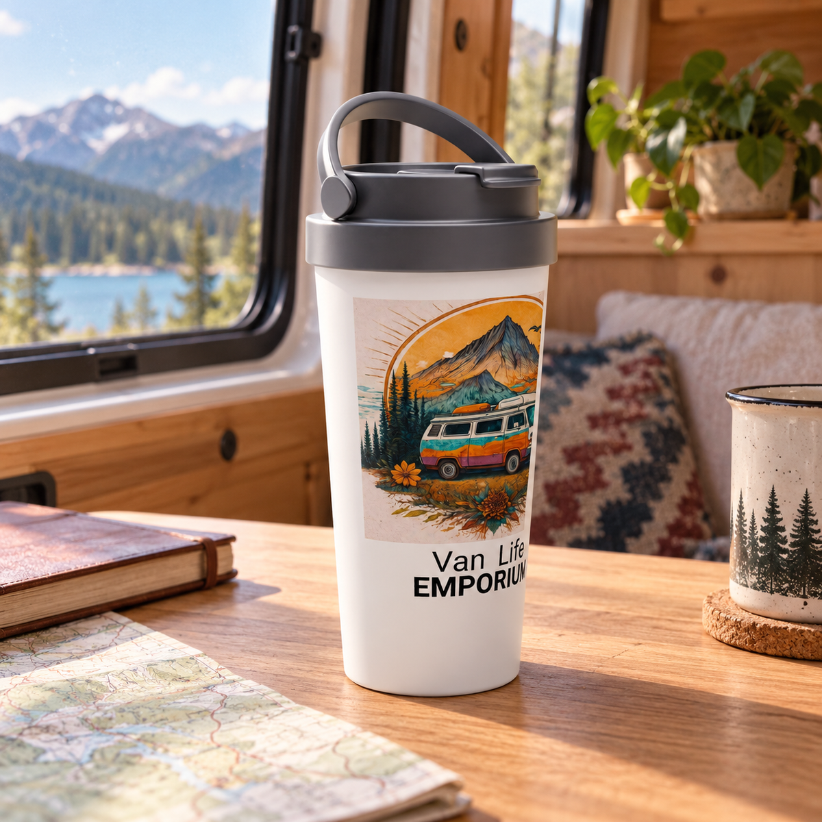 Van Life Travel Mug in a van-life setting