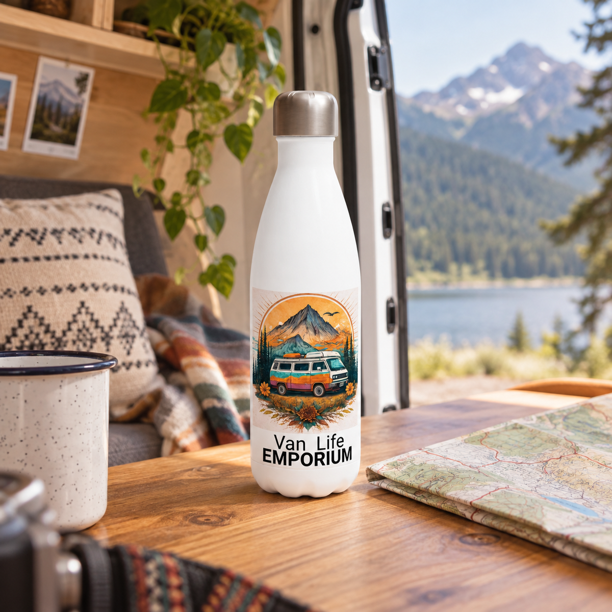 Van Life Water Bottle in a van-life setting