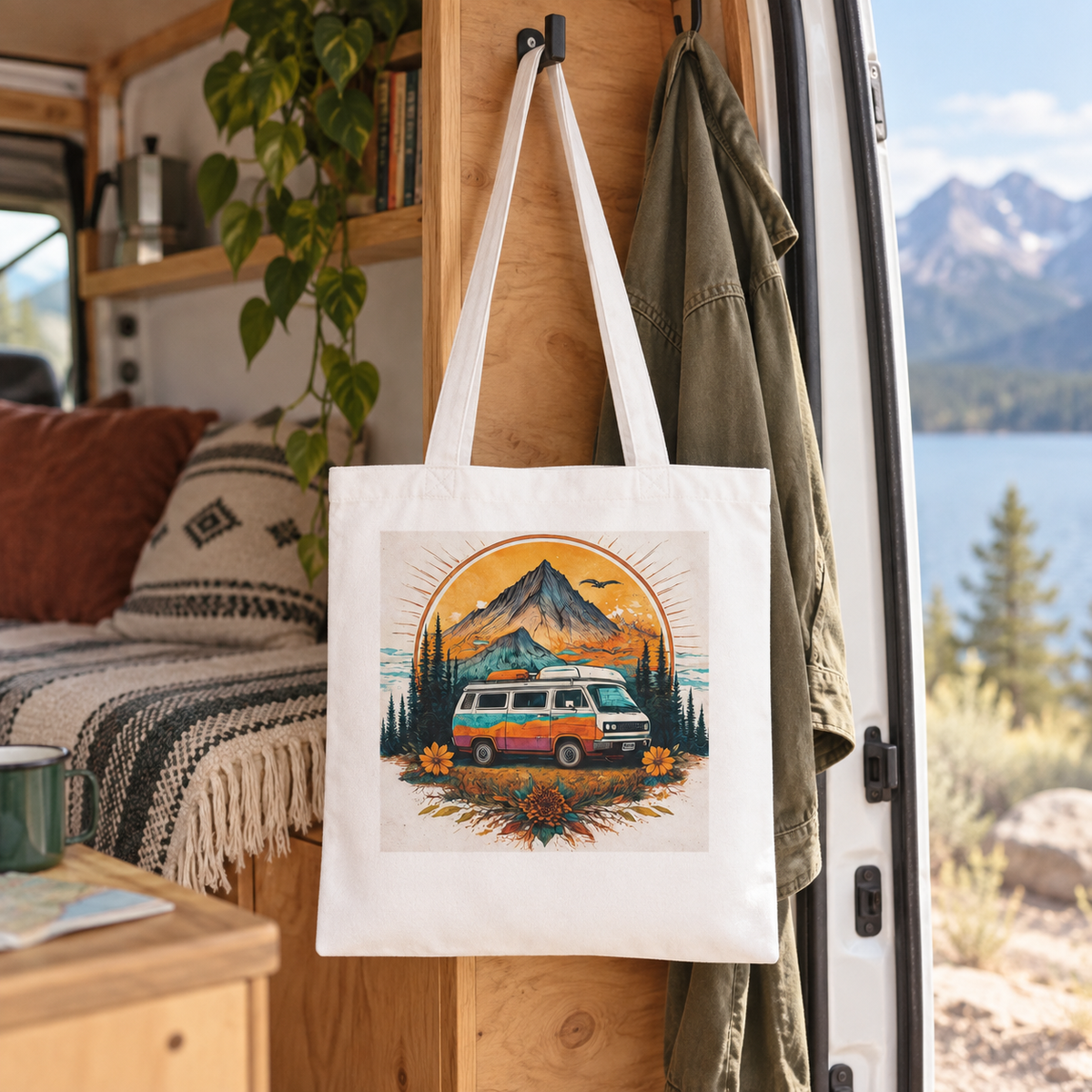 Van Life Tote in a van-life setting