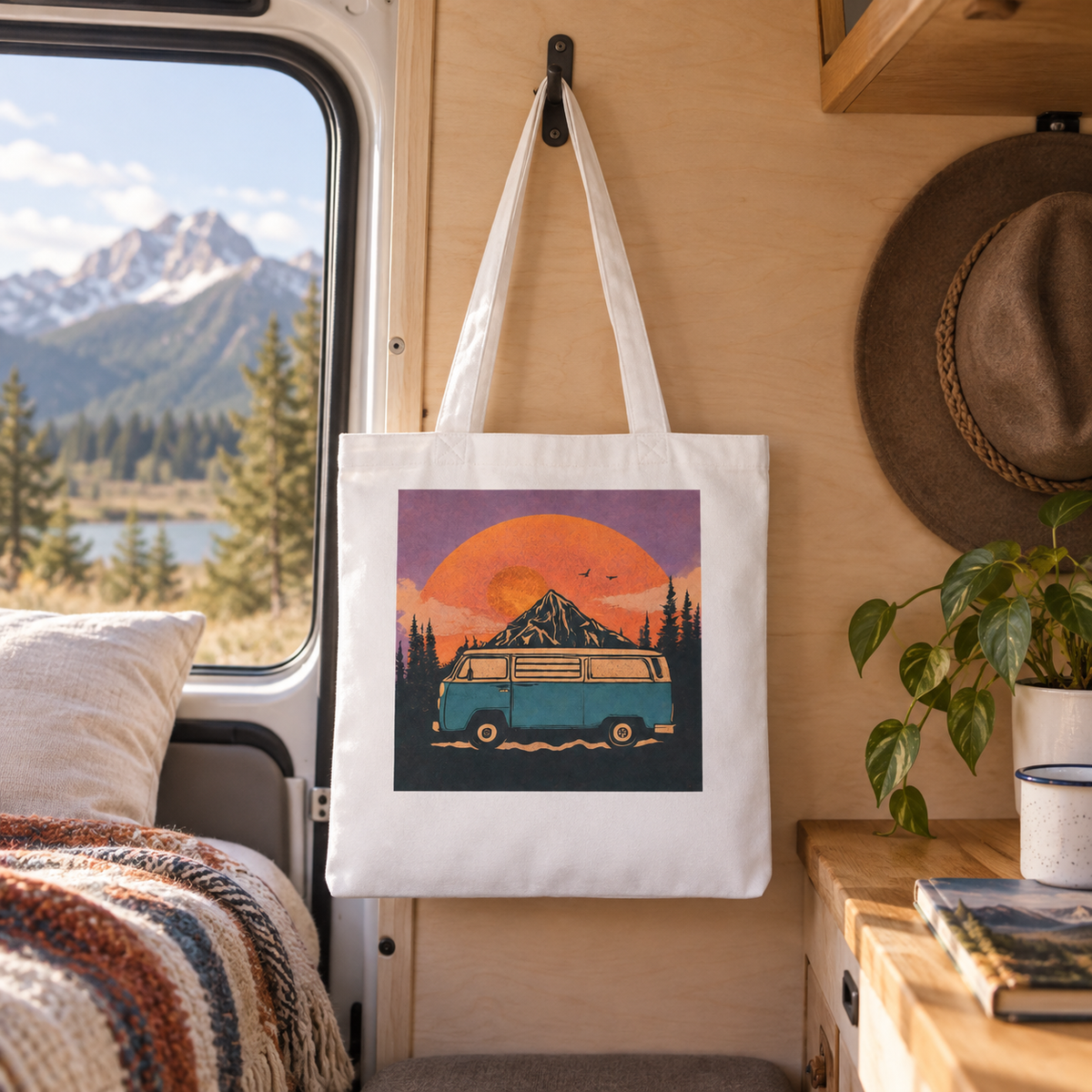 Mountains Tote in a van-life setting