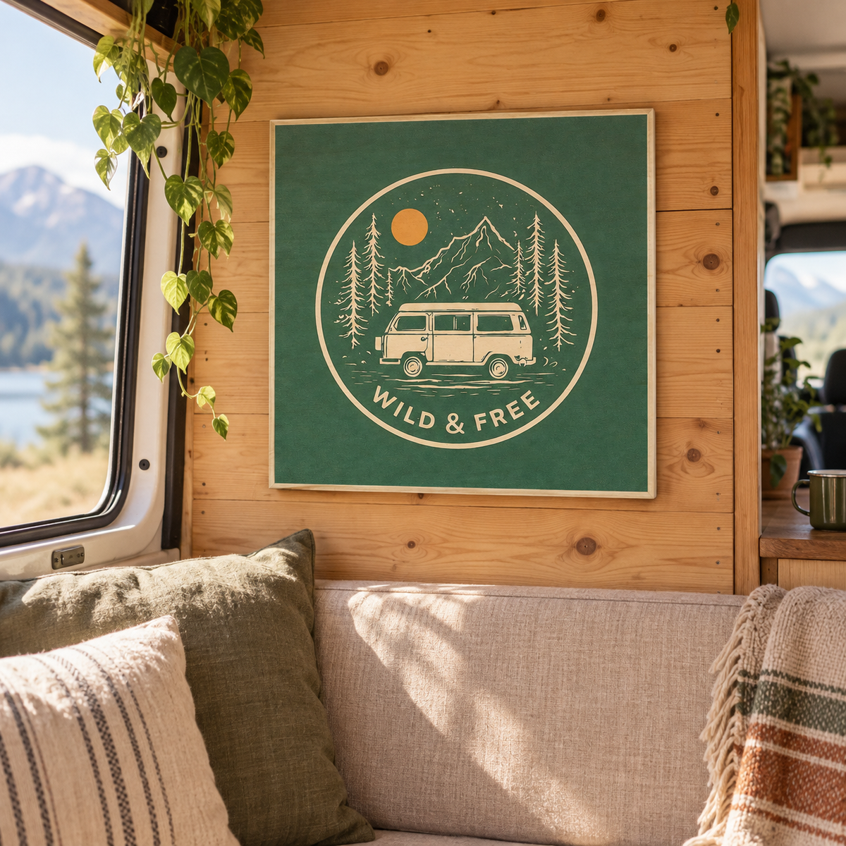Wild & Free Wood Print in a van-life setting