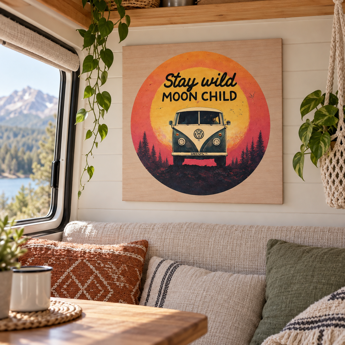 Stay Wild Wood Print in a van-life setting