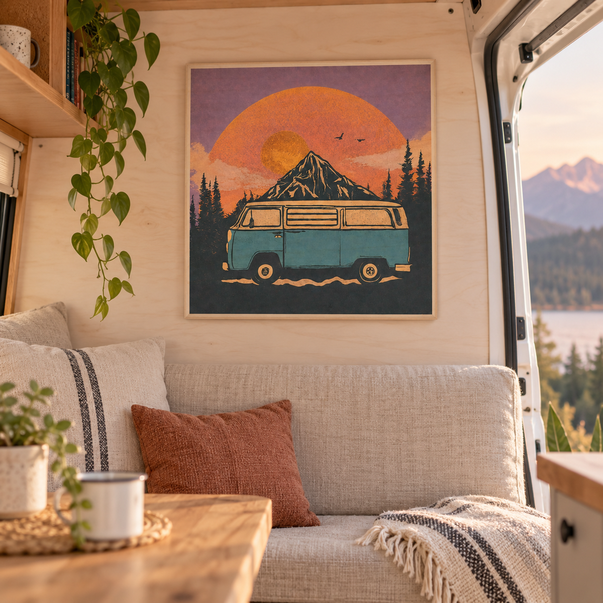 Mountains Wood Print in a van-life setting