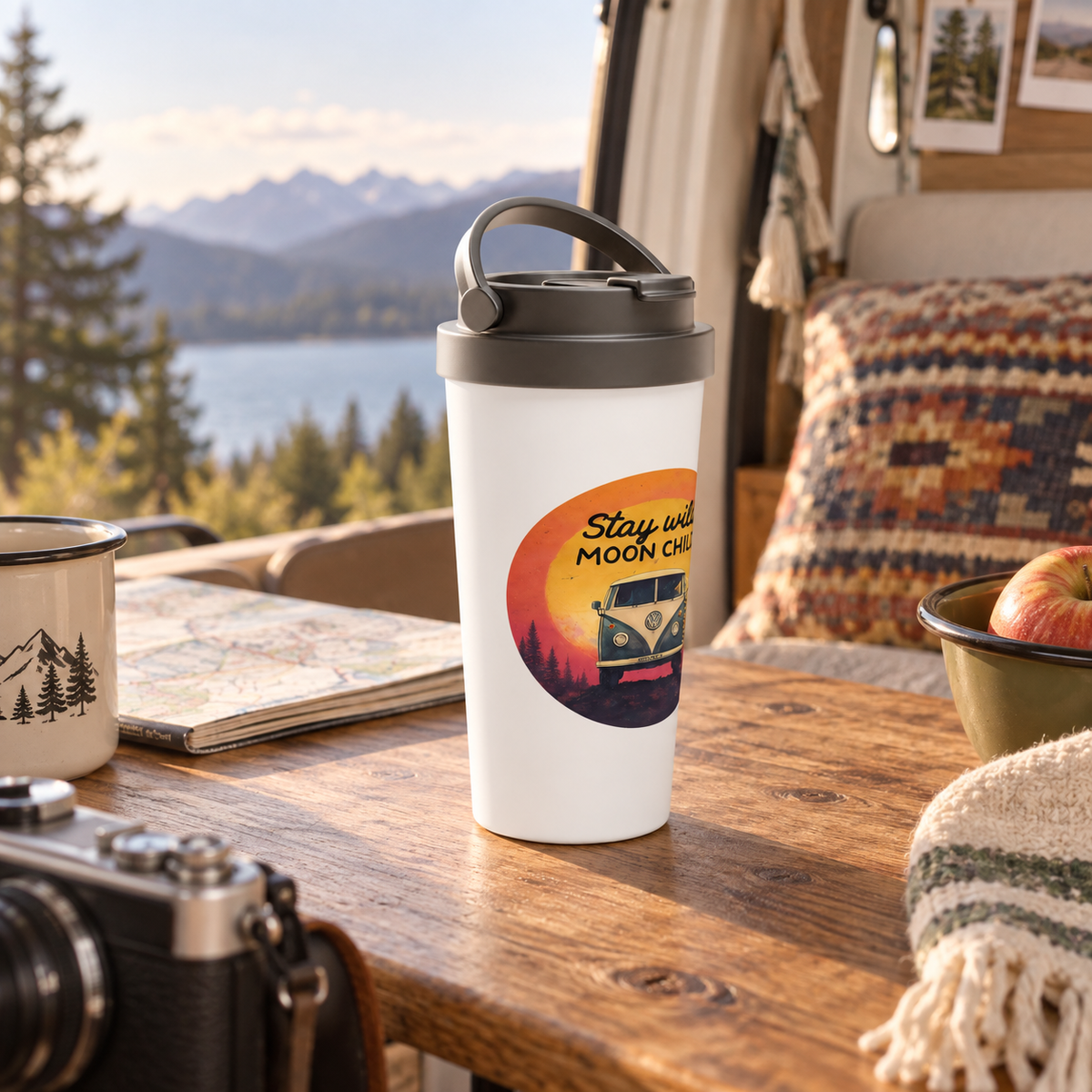 Stay Wild Travel Mug in a van-life setting