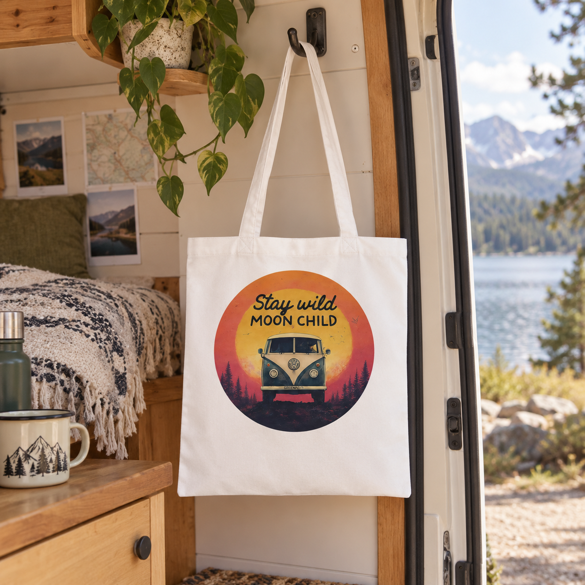 Stay Wild Tote in a van-life setting