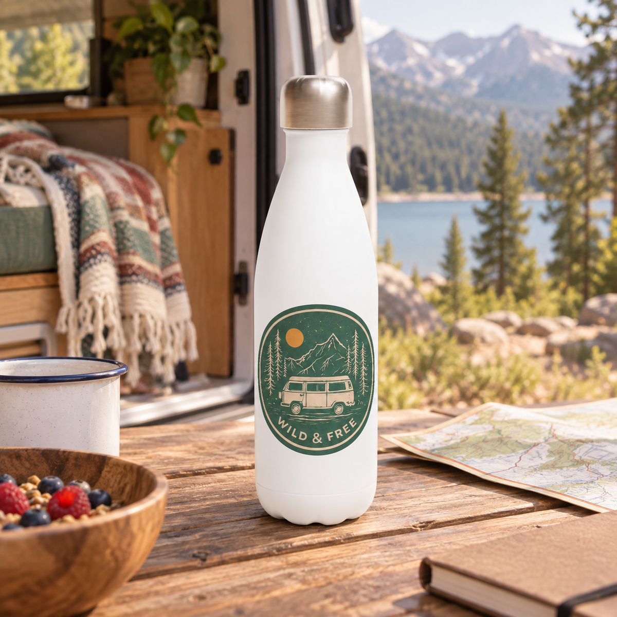 Wild & Free Water Bottle in a van-life setting