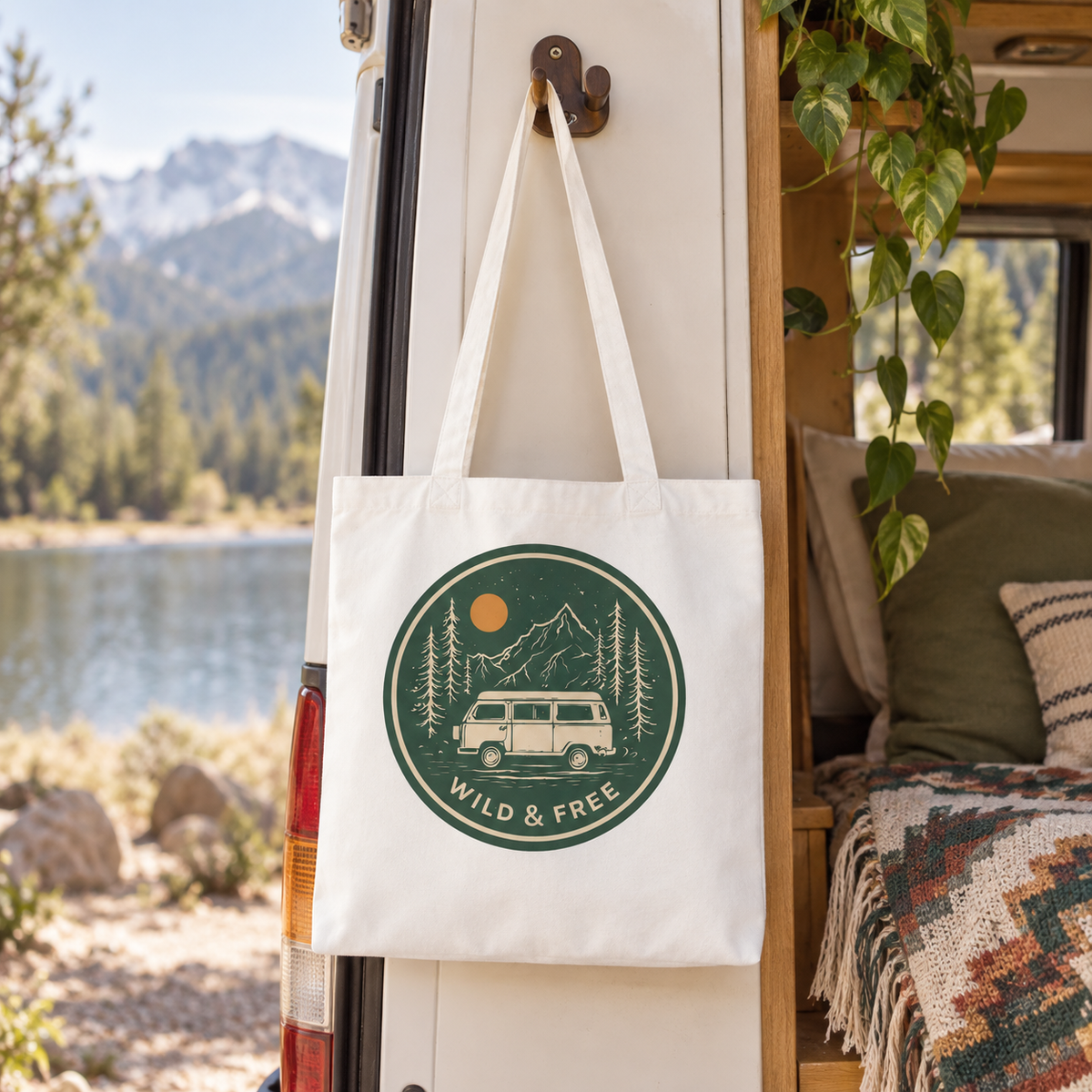 Wild & Free Tote in a van-life setting