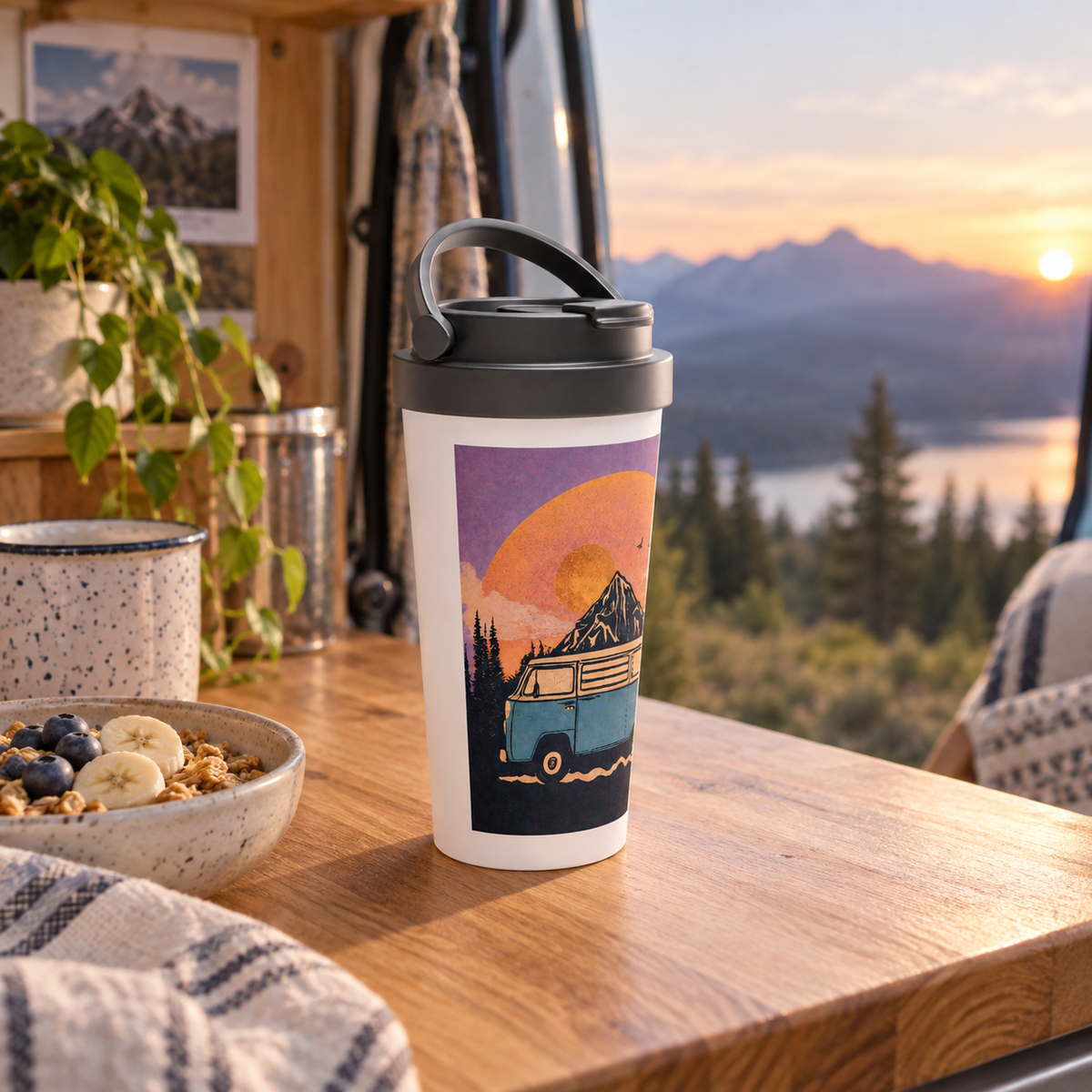 Mountains Travel Mug in a van-life setting