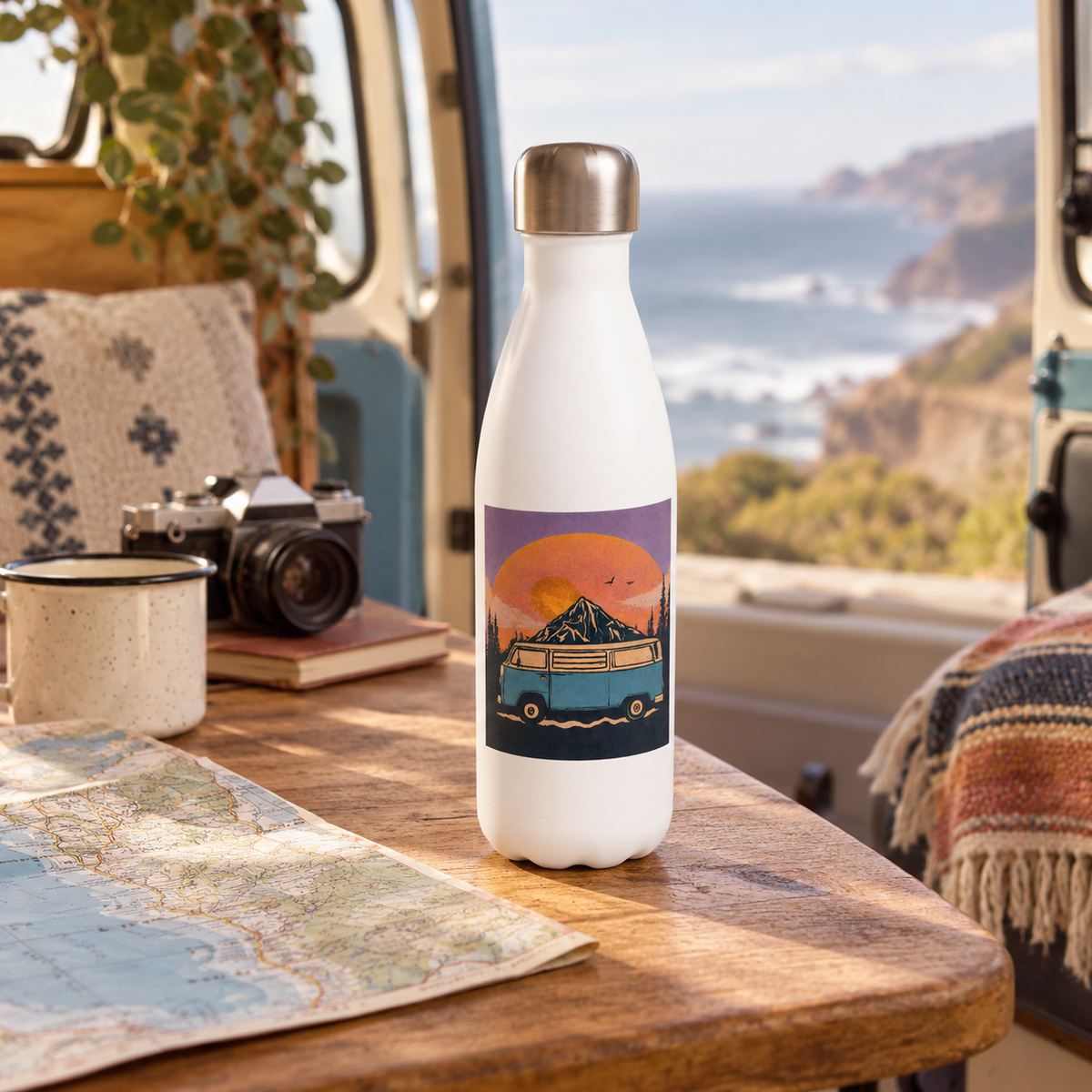 Mountains Water Bottle in a van-life setting