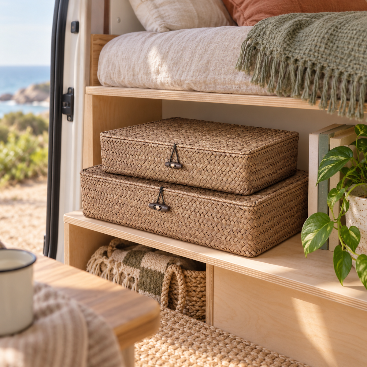 Sea Grass Storage Cases in a van-life setting